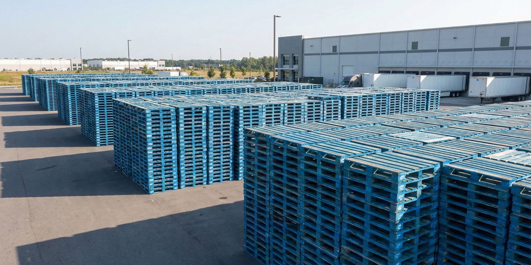 Large stacks of blue CHEP pallets in the outdoor area of a logistics centre, ready for transport in the global circular system.